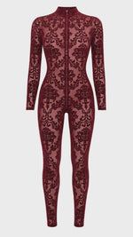 Tüll Catsuit Damen Bordeaux mit 3-Wege-Zip – Noir Handmade, Drehansicht (Video)