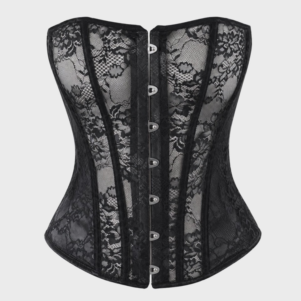 Spitzen Korsett Damen Schwarz trägerlos – Noir Handmade, Drehansicht (Video)