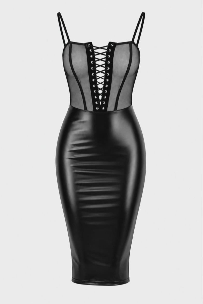 Wetlook Midikleid Damen Schwarz mit Schnürung – Noir Handmade, Drehansicht (Video)