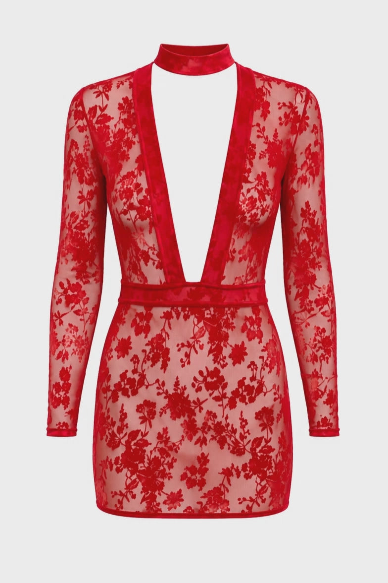 Tüll Minikleid Damen Rot mit tiefem V-Ausschnitt – Noir Handmade, Drehansicht (Video)