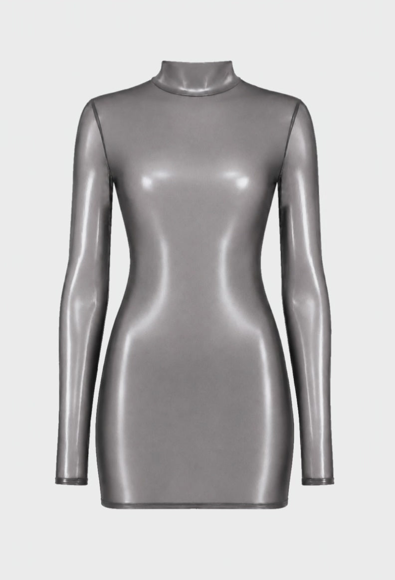 Tüll Minikleid Damen Silber Langarm rückenfrei – Noir Handmade, Drehansicht (Video)