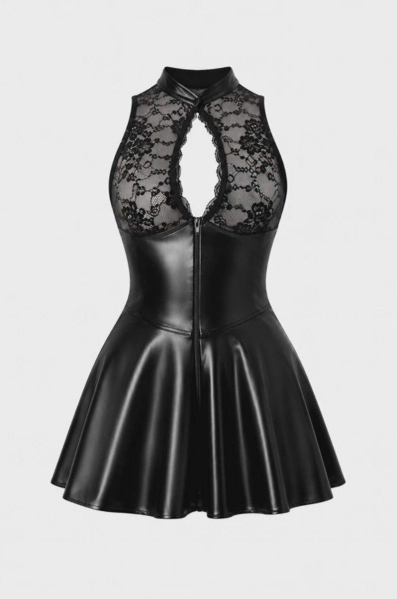 Spitzen Minikleid Damen Schwarz mit Wetlook-Rock – Noir Handmade, Drehansicht (Video)