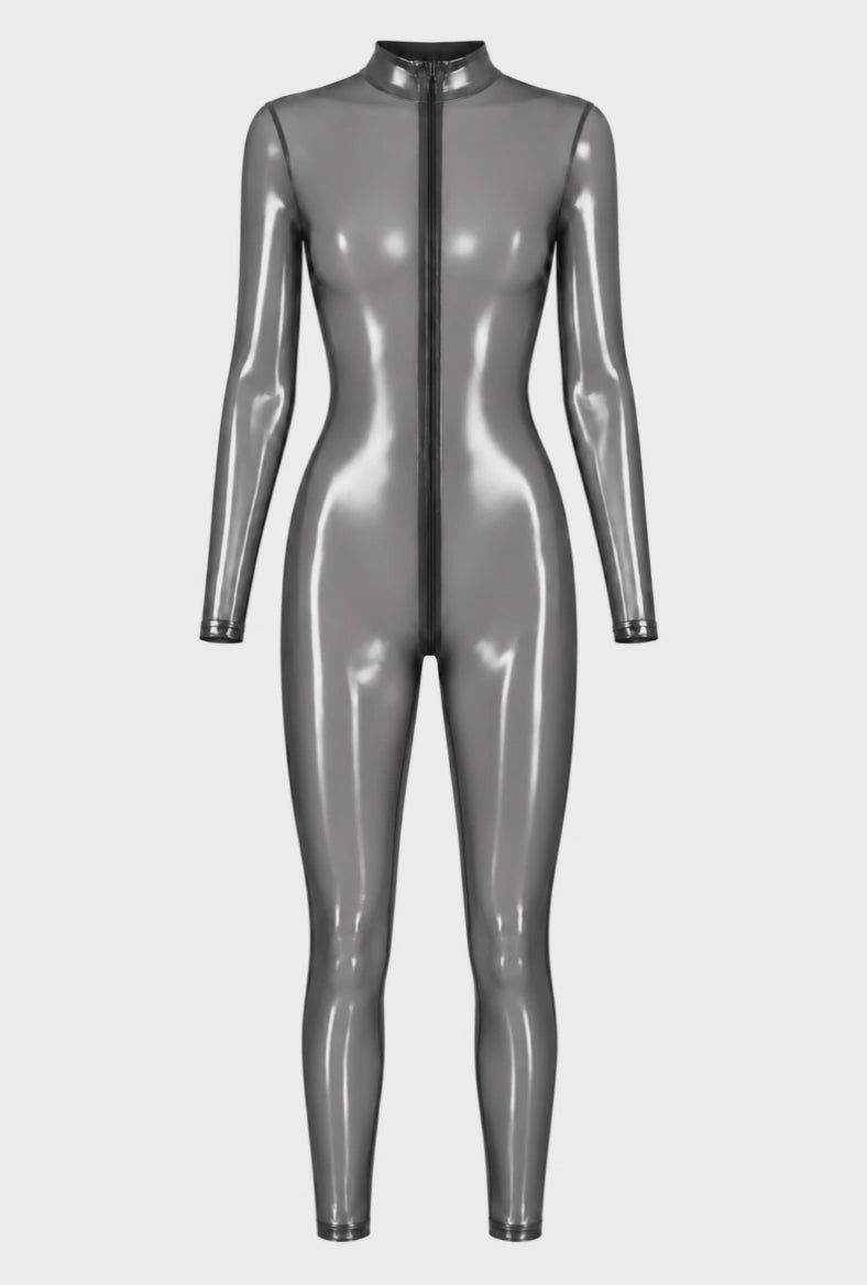 Tüll Catsuit Damen Silber mit 3-Wege-Zip – Noir Handmade, Drehansicht (Video)