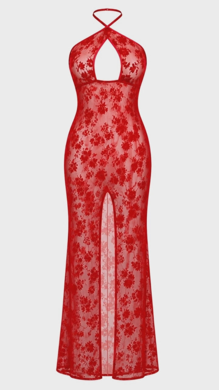 Tüll Maxikleid Damen Rot rückenfrei – Noir Handmade, Drehansicht (Video)