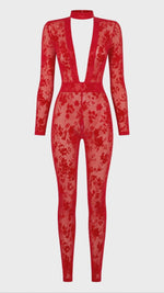 Tüll Catsuit Damen Rot mit tiefem V-Ausschnitt – Noir Handmade, Drehansicht (Video)