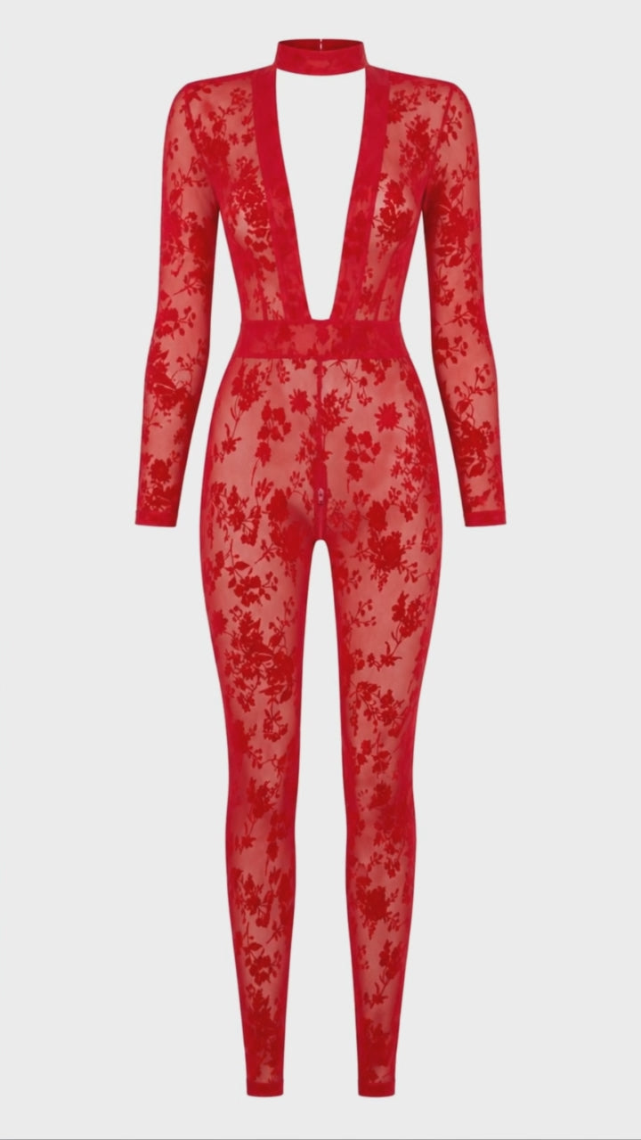 Tüll Catsuit Damen Rot mit tiefem V-Ausschnitt – Noir Handmade, Drehansicht (Video)