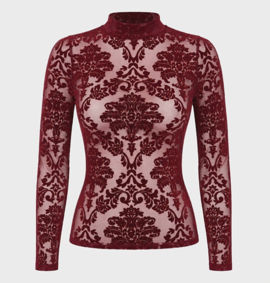 Tüll Top Damen Bordeaux Langarm – Noir Handmade, Drehansicht (Video)