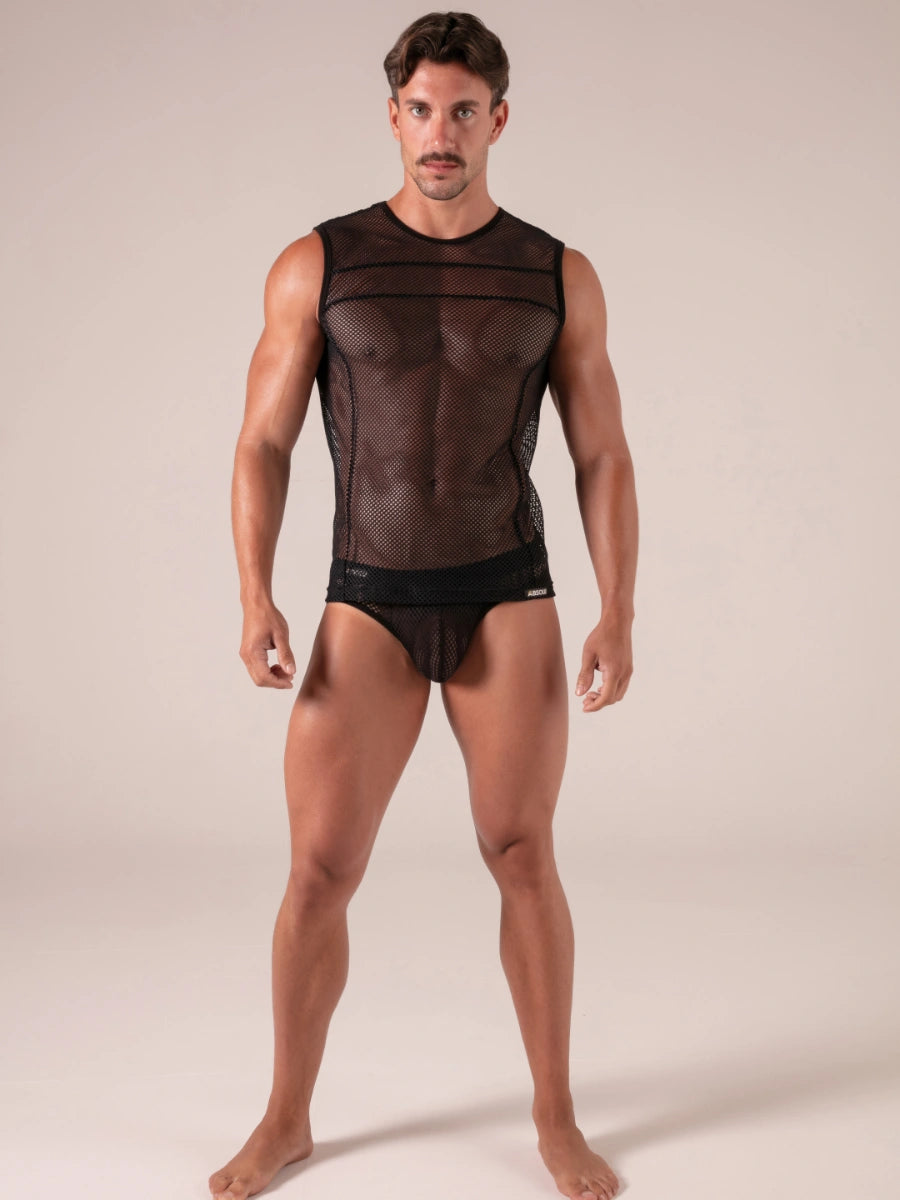 Absolu Male TOF Paris – Seduction Tank Top – Absolu Male – Vorderansicht – sexy maskuliner Herrenlook in Schwarz