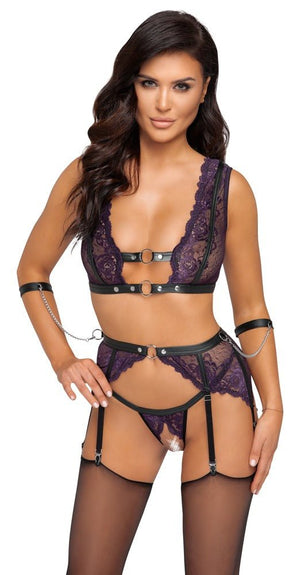 Set: Bralette, Strapsgurt, String ouvert & 2 Handfesseln - Hinreissend