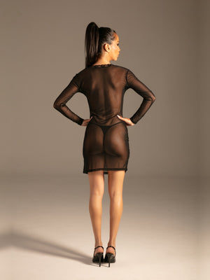 Mesh Kleid mit Raffung Schwarz Damen von hinten – KYNX
