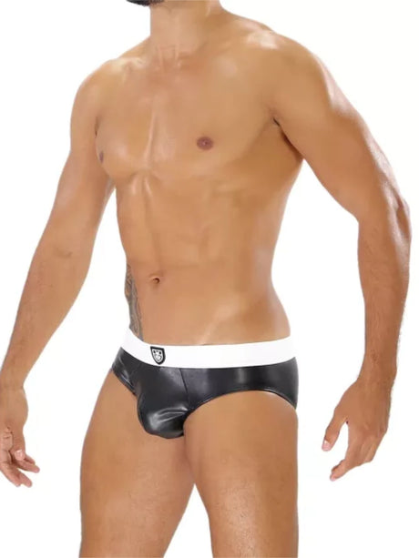 TOF Paris Fetish Brief Black n White Seitenansicht figurbetont
