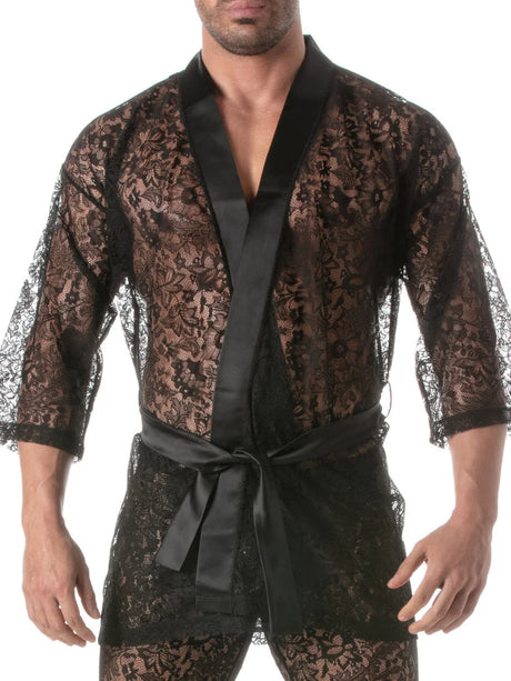 Kimono aus floraler Spitze mit Gürtel von TOF Paris – Vorderansicht