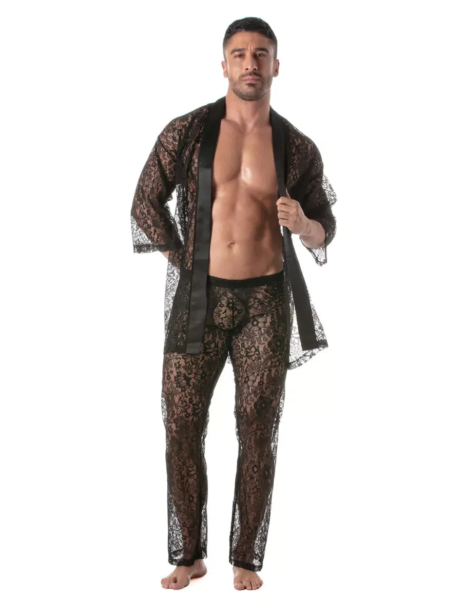  Kimono aus floraler Spitze mit Gürtel von TOF Paris – Vorderansicht