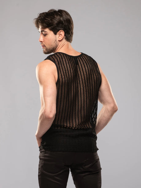 Rückansicht: Rückenansicht des Sheer Mykonos Tanktops – tiefer Schnitt, Marke TOF Paris


