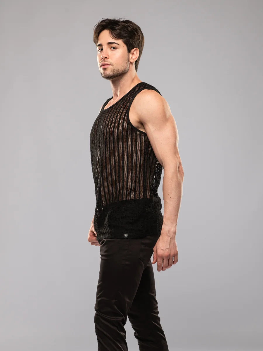 Seitenansicht: Seitliche Ansicht des Tanktops mit transparenten Partien – TOF Paris

