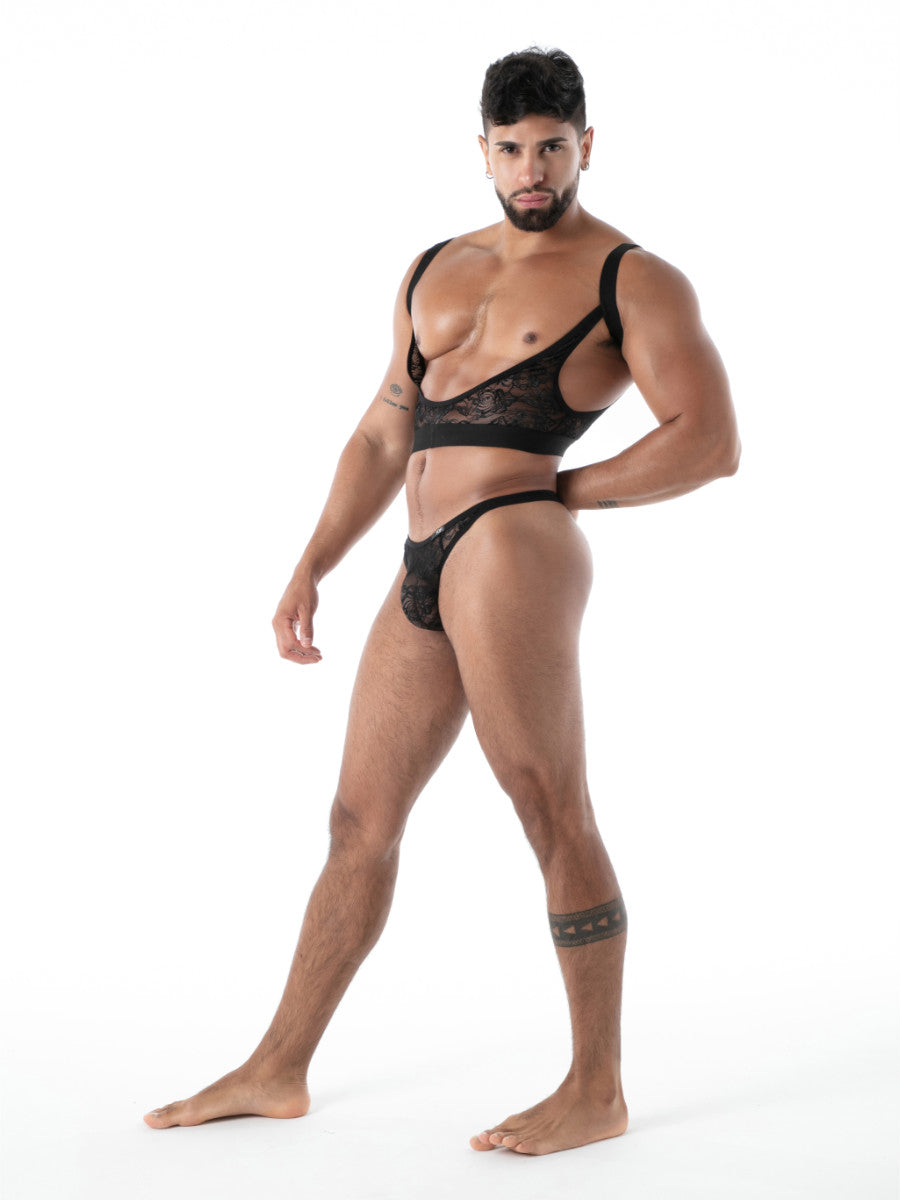 FLUID Spitzen G-Thong schwarz von TOF Paris – Seitenansicht Kombination