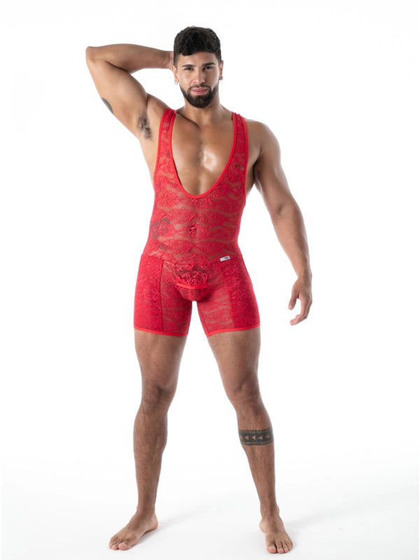 FLUID Spitzen Wrestling‑Body mit Taschen rot – TOF Paris