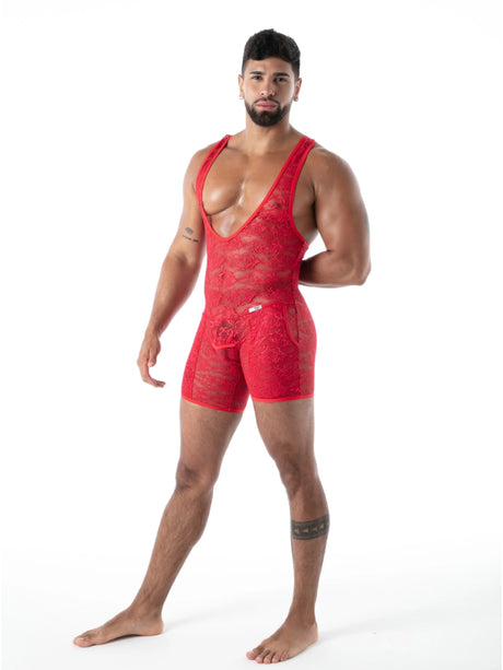 FLUID Spitzen Wrestling‑Body mit Taschen rot – TOF Paris