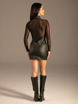 Wetlook Bodycon Zip-Kleid Schwarz Damen Rückansicht – KYNX
