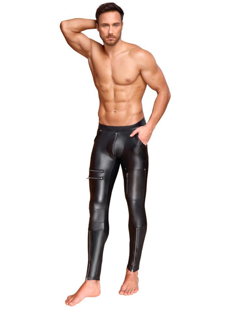  Schwarze Wetlook-Hose von NEK mit Reißverschlüssen vorn, hinten und im Schritt – figurbetonte Stretchhose für Fetisch- und Clubwear