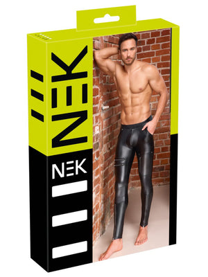 Verpackung  Schwarze Wetlook-Hose von NEK mit Reißverschlüssen vorn, hinten und im Schritt – figurbetonte Stretchhose für Fetisch- und Clubwear